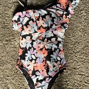Black floral bathing suit brand time and tru